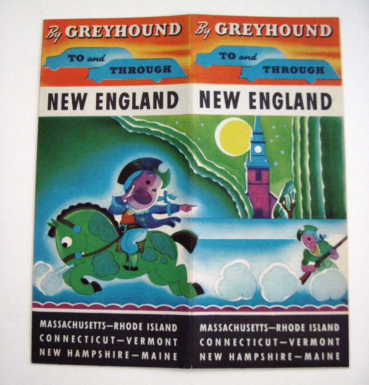 1935 Vintage “Greyhound Bus” Travel Brochure to “New England” w/ Paul Revere *