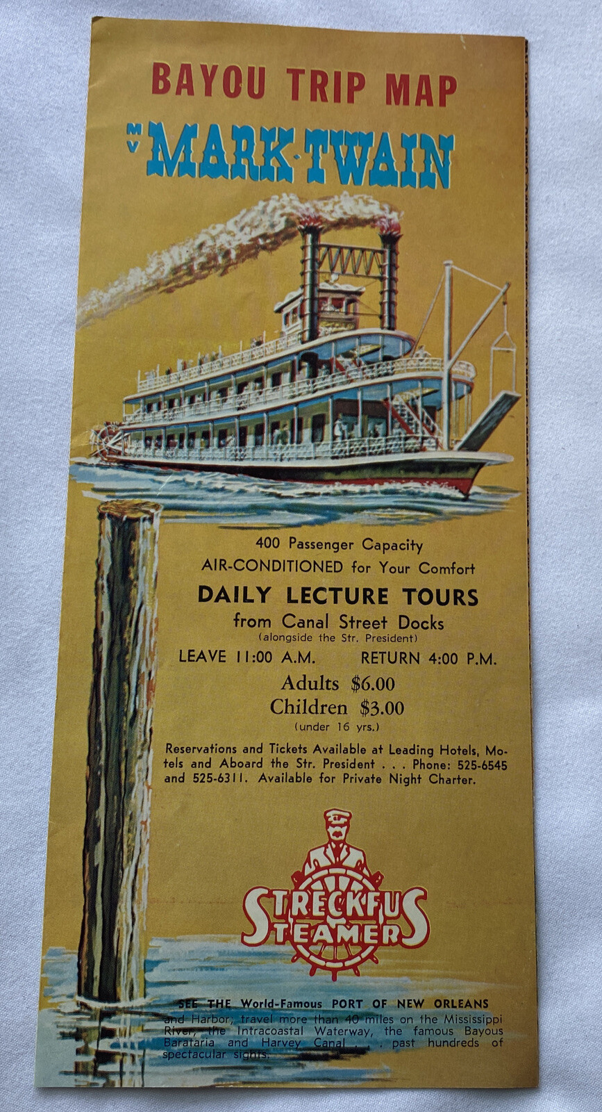 Vintage Bayou Trip Map Mark Twain Tours New Orleans Streckfus Steamers Brochure