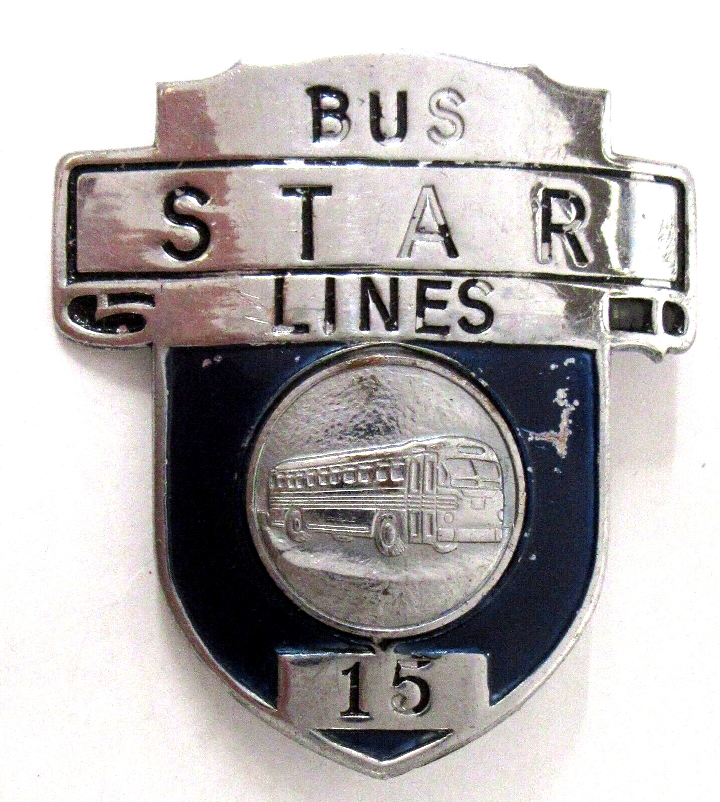 1950’s STAR BUS LINES #15 enamel on chromium HAT BADGE x