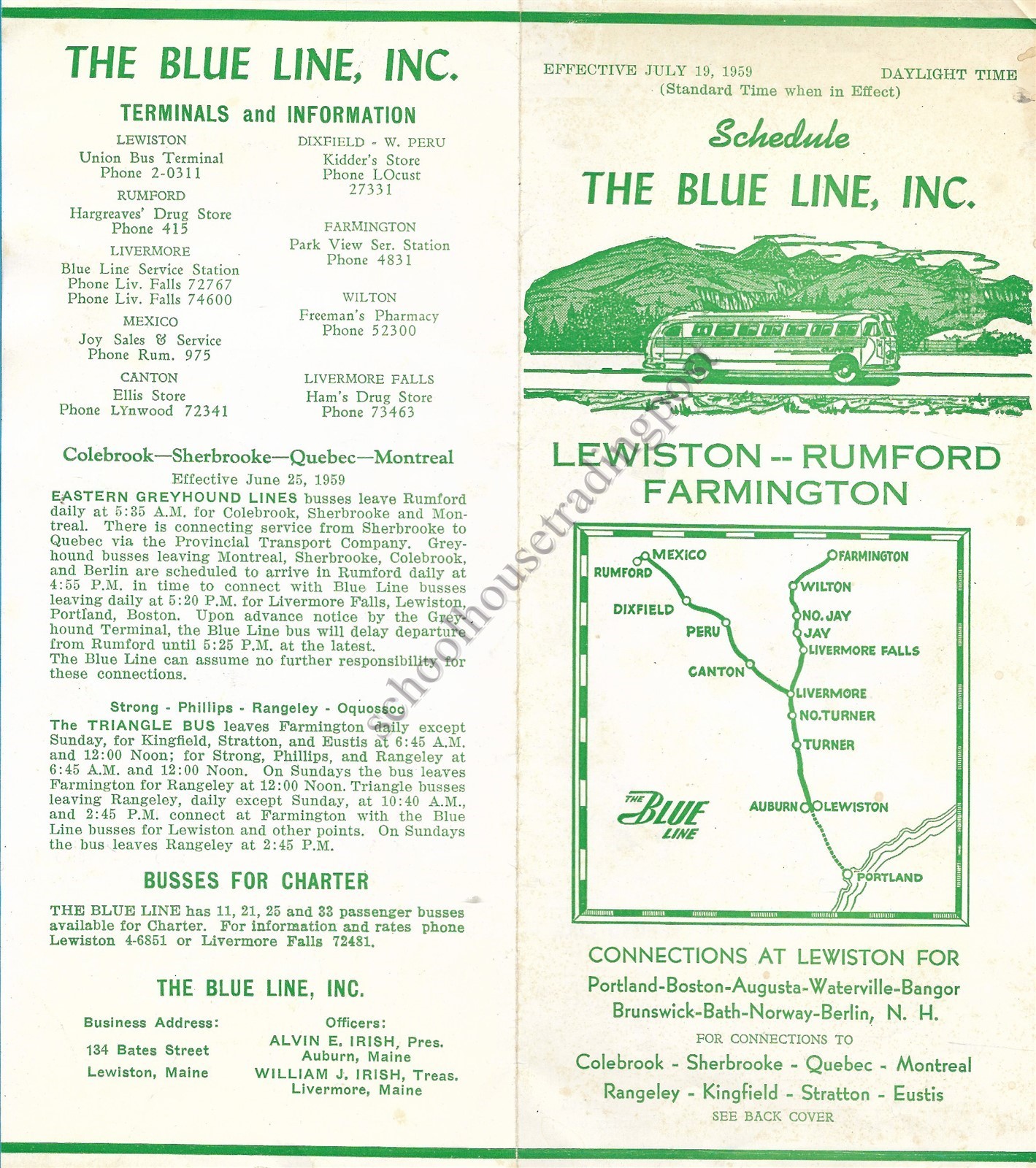 1959 The Blue Line Bus Schedule Timetable Lewiston Rumford Farmington Maine