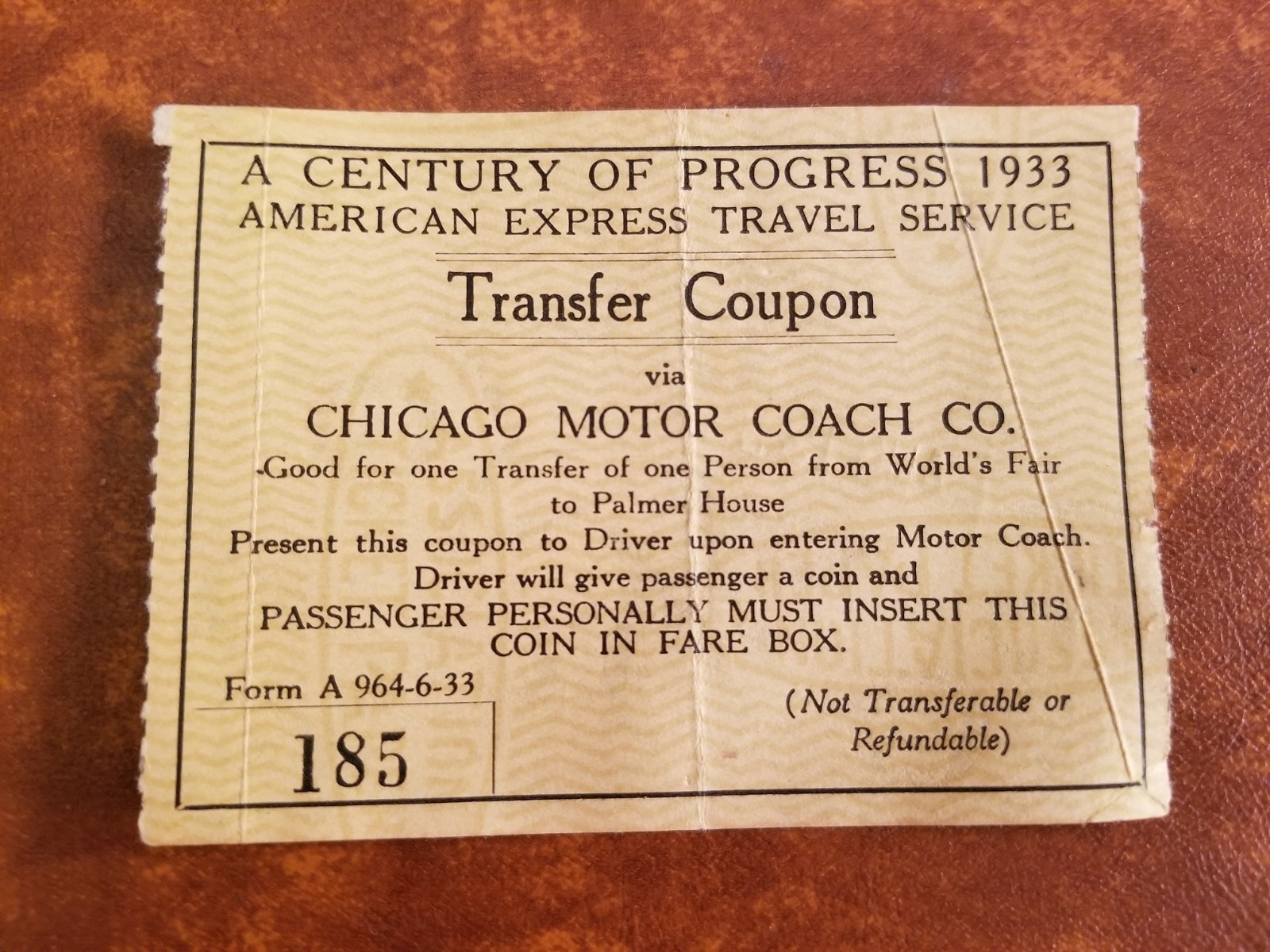VINTAGE 1933 CHICAGO WORLD FAIR AMERICAN EXPRESS TRAVEL MOTOR COACH RECEIPT