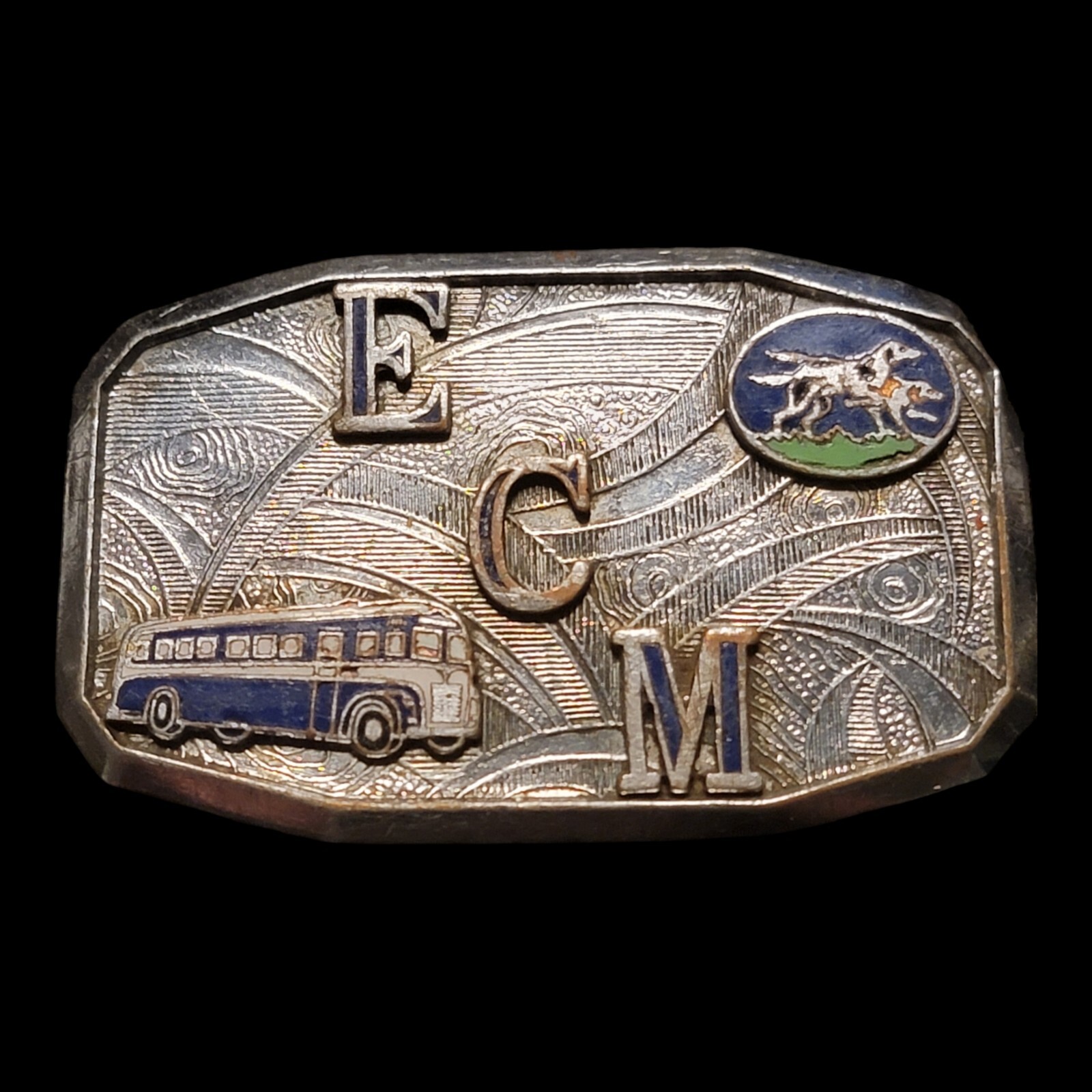 1950s Belt Buckle Challenger Bus ECM Initials With American Flag Metal Hook-Fast