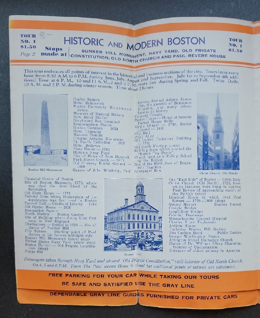 Vintage The Gray Line Historic Boston Sightseeing Prices Tours Picture Brochure