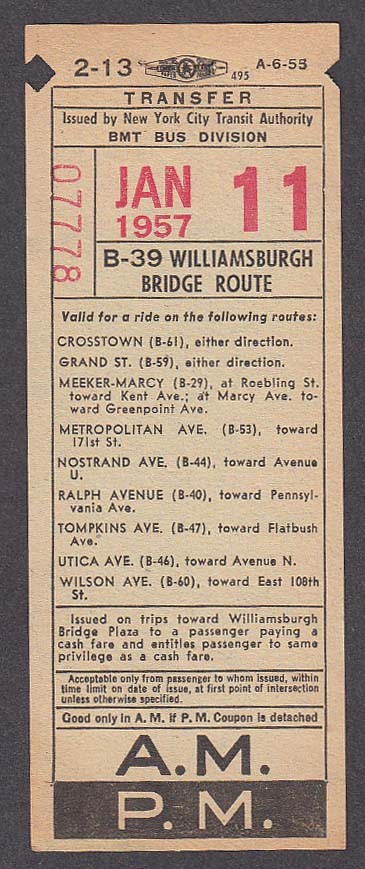 New York City Transit Authority Williamsburgh Bridge Route bus transfer 1957