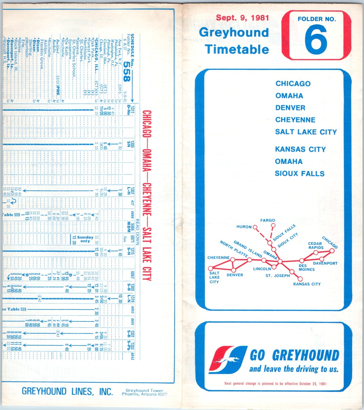 SEP 1981 Greyhound Bus Lines Timetable Folder #6 Guide Chicago Salt Lake City 1J