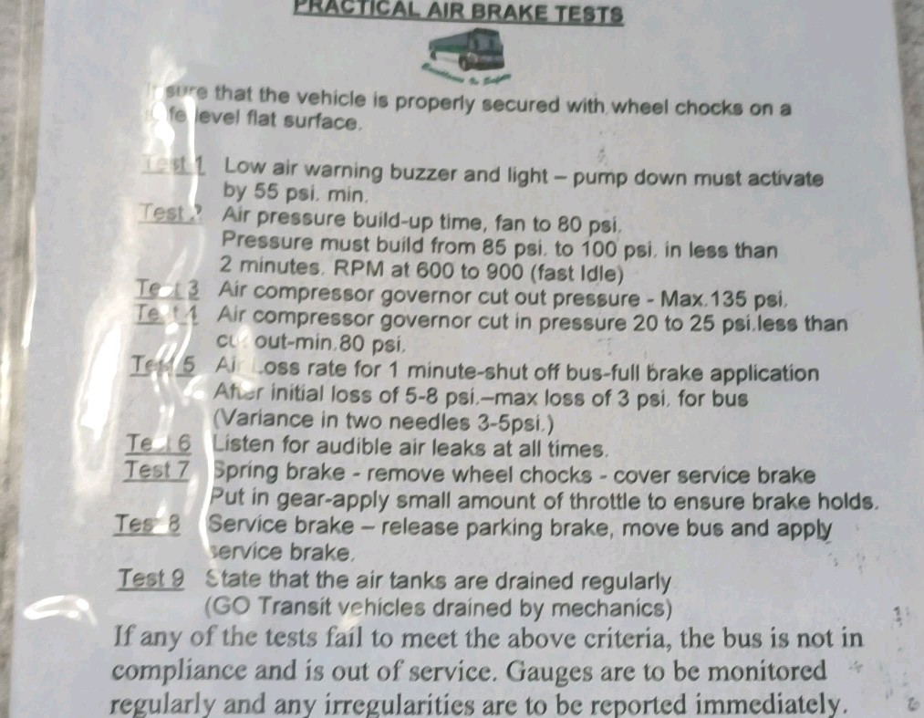 GO Transit “Practical Air Brake Tests” Laminated Card for Bus Drivers