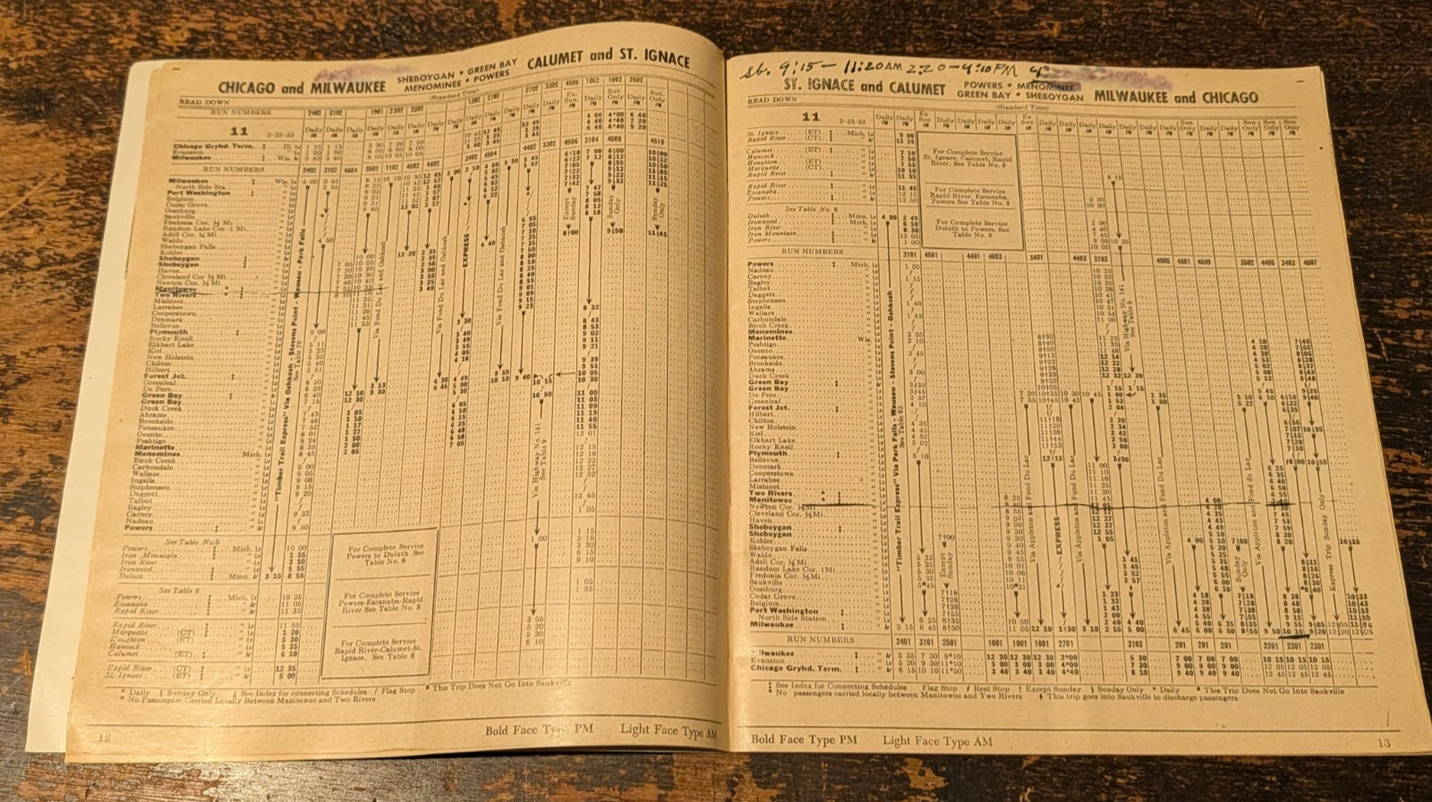Northland Greyhound Bus Time Tables, February 11, 1953, Booklet, 66 pages