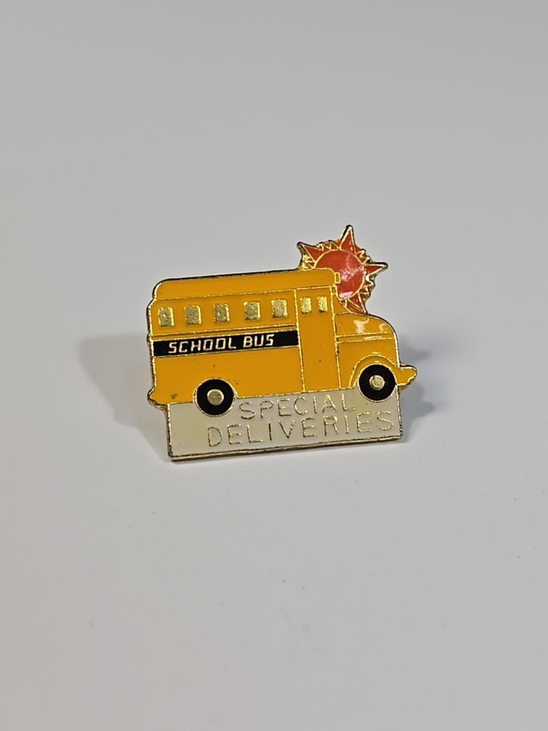 School Bus Special Deliveries Lapel Pin Yellow Vehicle Rising Sun 1989