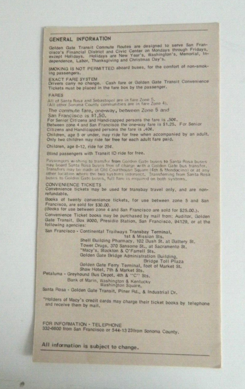 1975 Sonoma County Golden State Transit bus Schedule. T4