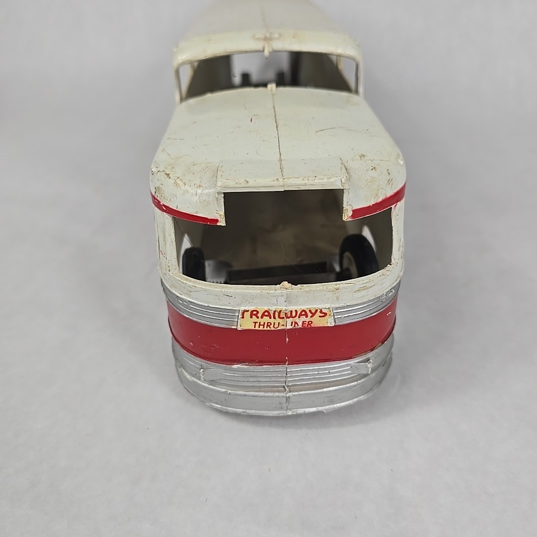 Vintage 1955 Trailways Friction Thruliner Bus Silver and Red 18″