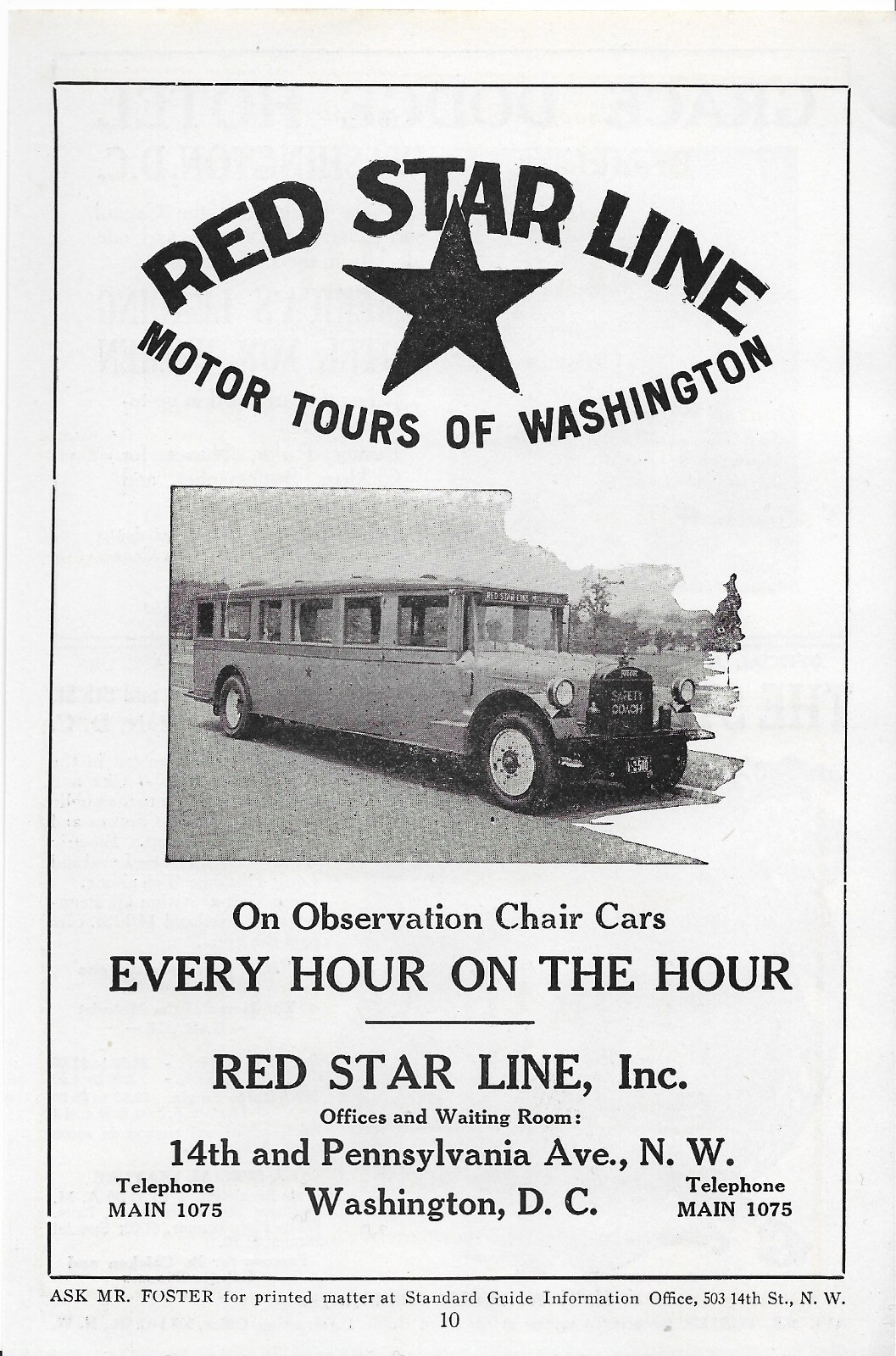Antique 1920’s Bus – Red Star Line Motor Tours of Washington D. C. – 1924 Art AD