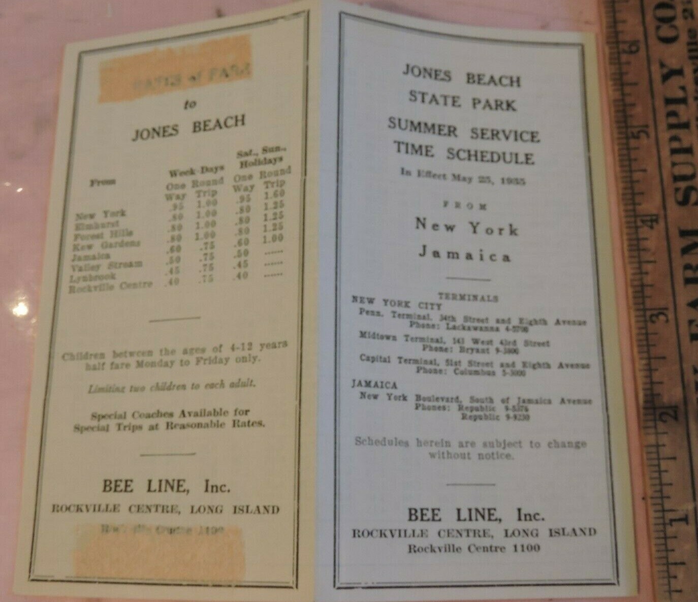 1935 Jones Beach Bee Line Bus Rockville Centre LI Jamaica NYC Schedule Timetable