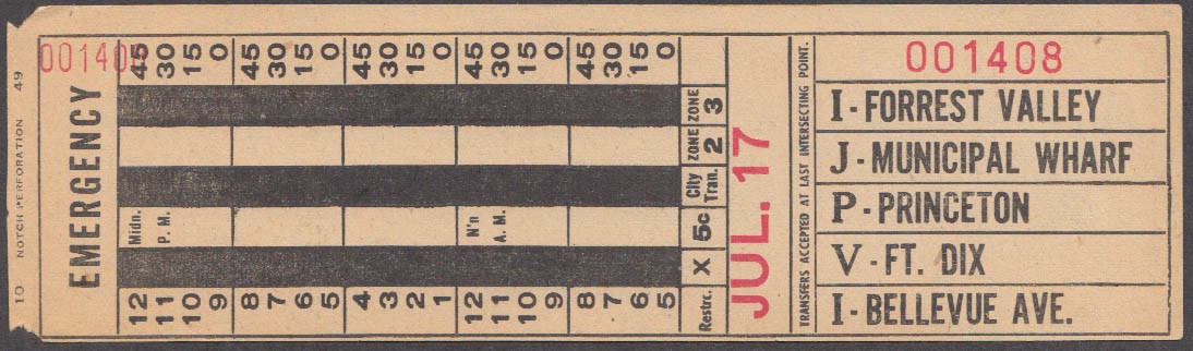 Trenton NJ Transit bus transfer Forrest Valley-Bellevue Av 1953