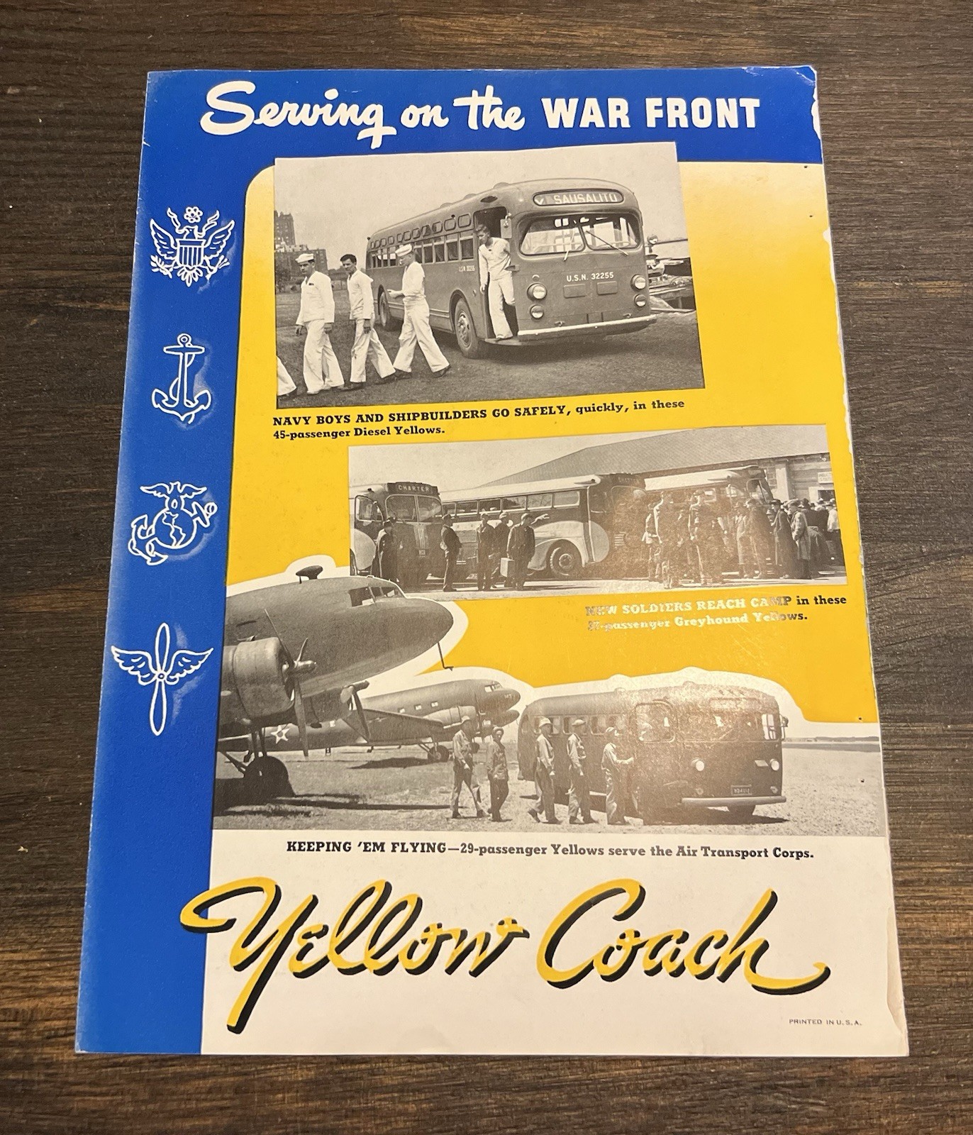 1940’s YELLOW COACH WAR TIME WW2 BUS Colorful Promotional BROCHURE Illustrated