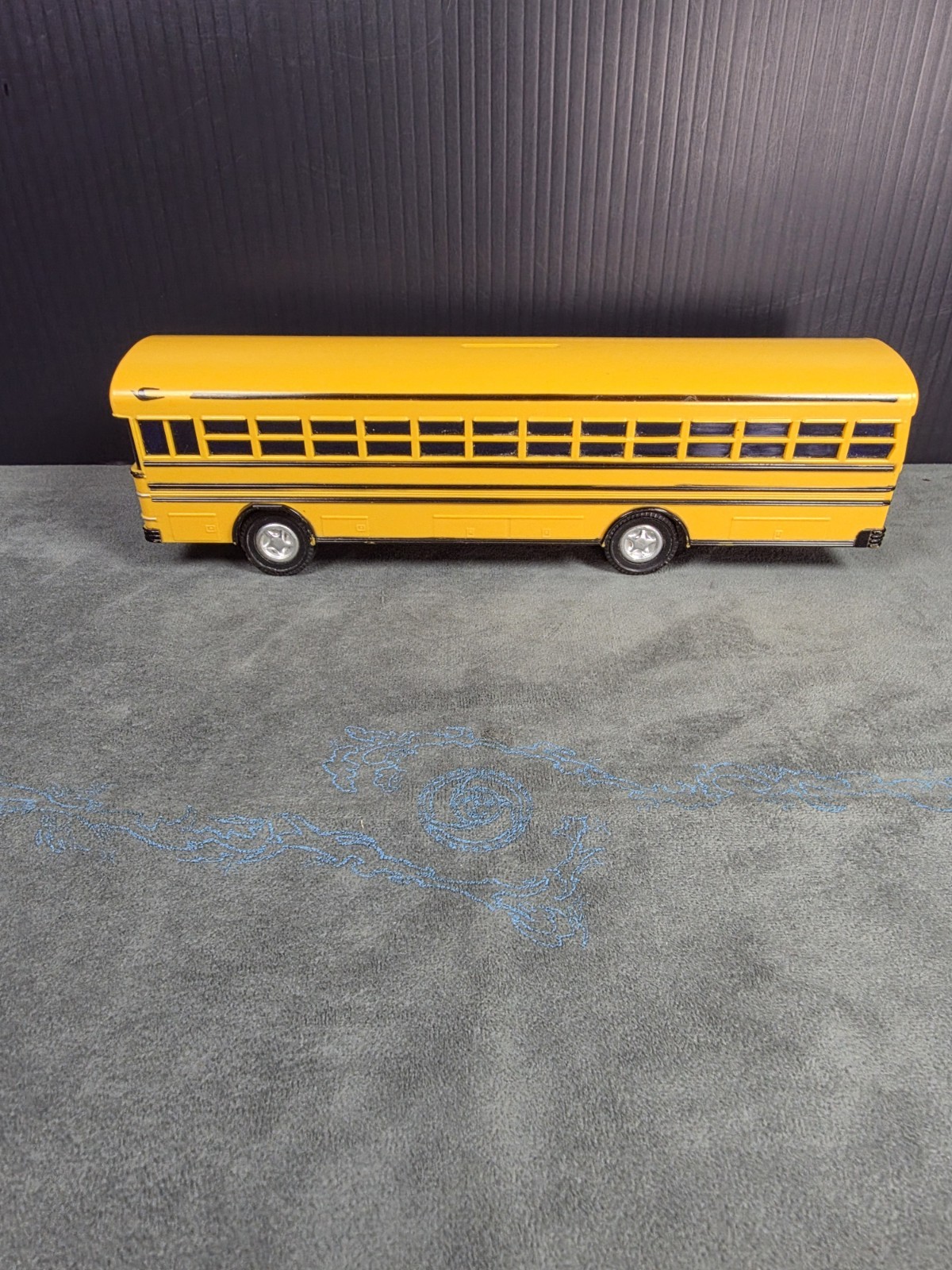 Vtg Yellow Blue Bird School Bus Jimson No. 330 Coin Bank Plastic 10” w/ Plug A-1