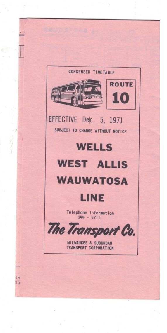 Dec 1971 Milwaukee WI Bus Schedule and Route Map Rte 10