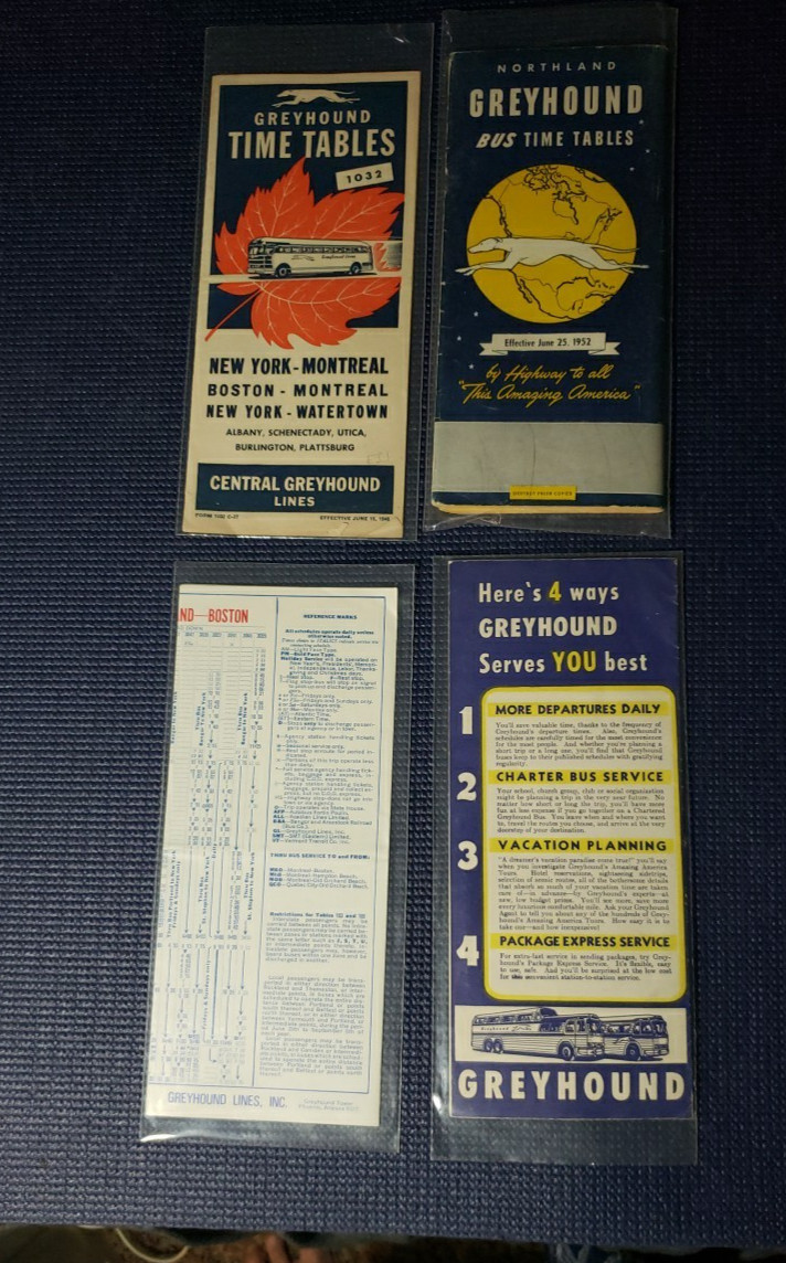 Greyhound Bus Lines Timetables – 1948 – 1952 – 1957 – 1980 – Lot of 4