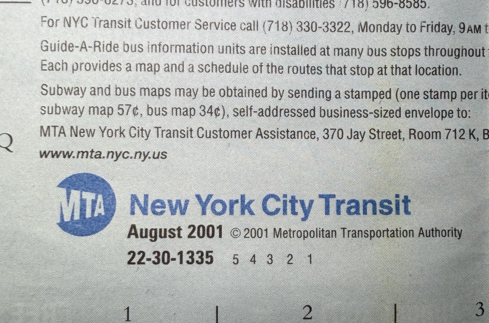 Vintage 2001 Manhattan, New York – MTA Bus Map –