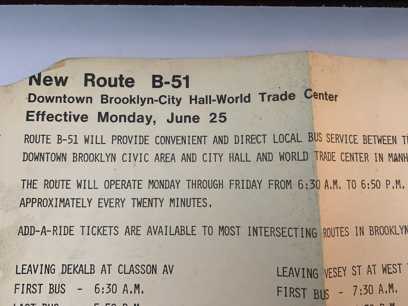 NEW ROUTE B51 DOWNTOWN BROOKLYN CITY HALL WORLD TRADE CENTER MANHATTAN PRIMITIVE