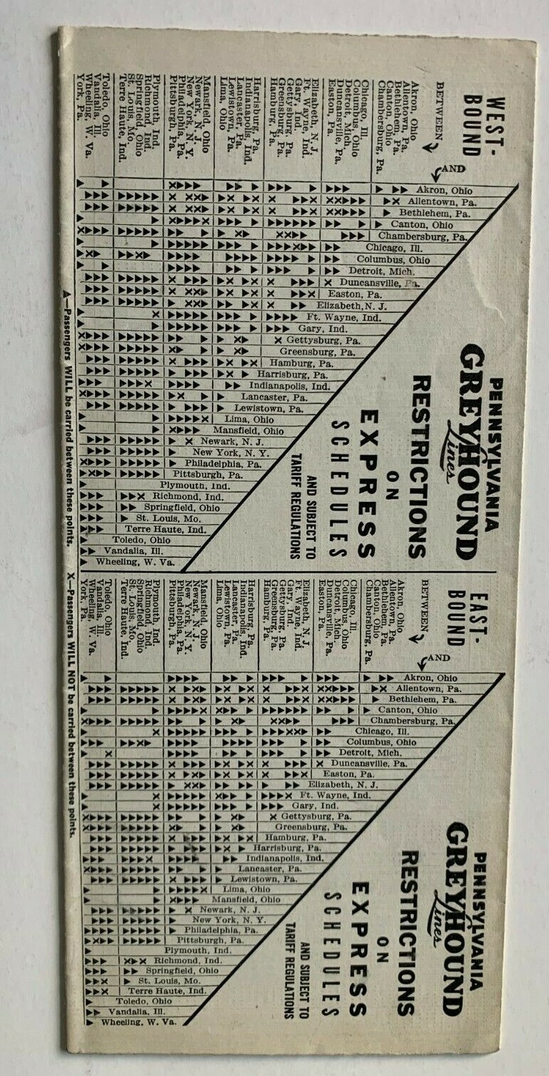 Vintage 1940 Pennsylvania Greyhound Bus Timetable Brochure fold-out schedule