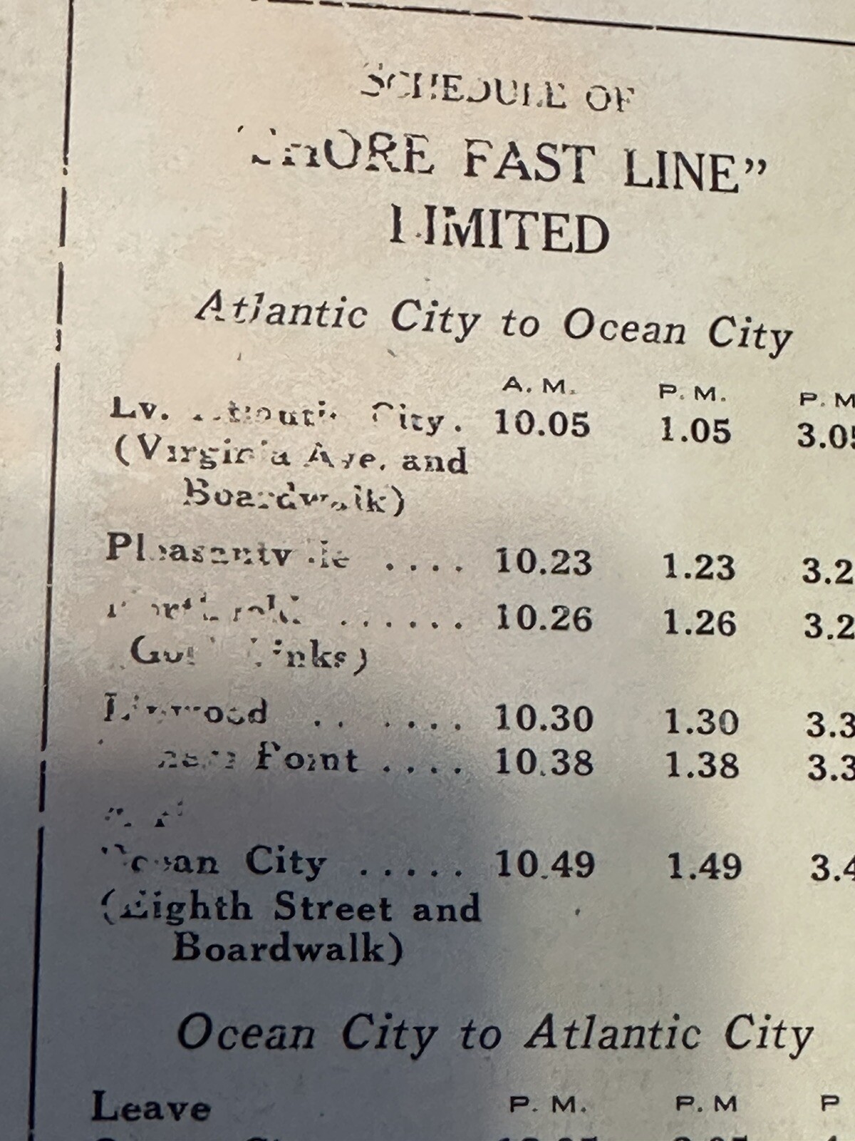 March 20, 1920 Atlantic City And Shore Railroad Co. PARLOR CAR SERVICE SCHEDULE