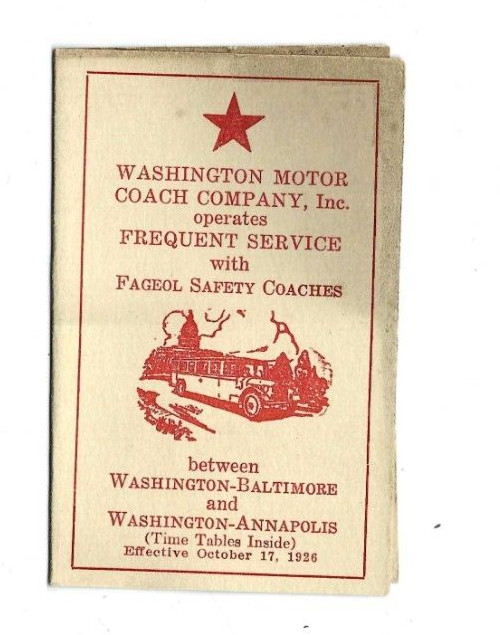 1926 Washington Motor Coach BUS Time Table Baltimore Annapolis Claiborne Ferry
