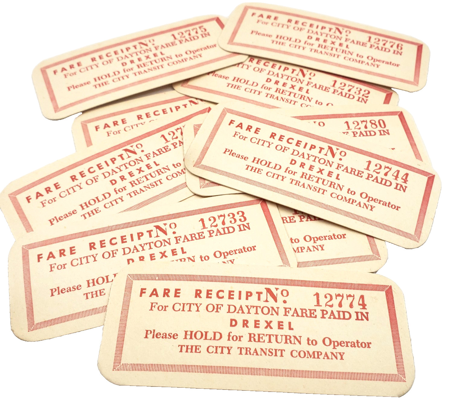 Lot of 10 Vtg Junk Journal Ephemera Dayton Ohio City Bus Fare Receipt Tickets