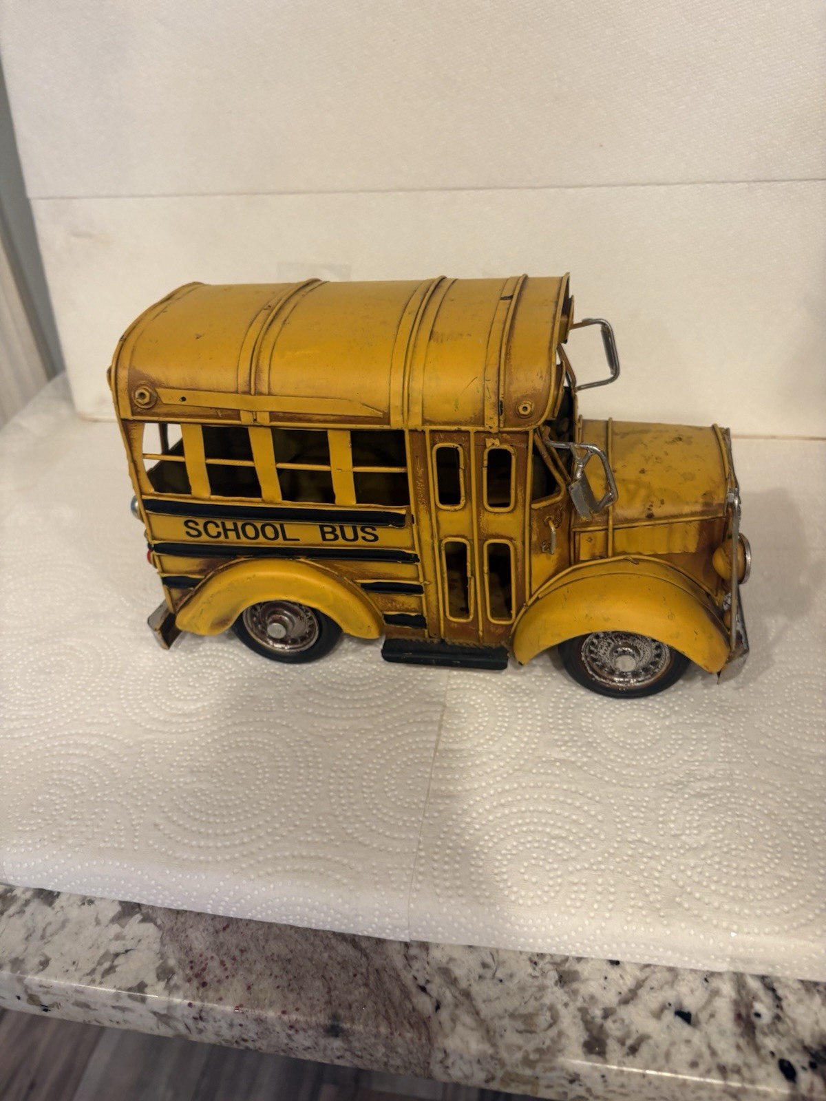 Vntg Yellow Metal School Bus Model Rustic Decor Worn Finish Rusty & Dirty 10 x 6