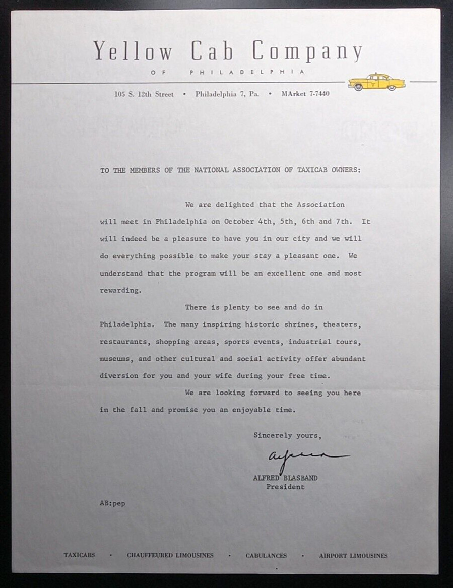 Philadelphia PA Yellow Cab Company Letterhead Vintage 1950’s