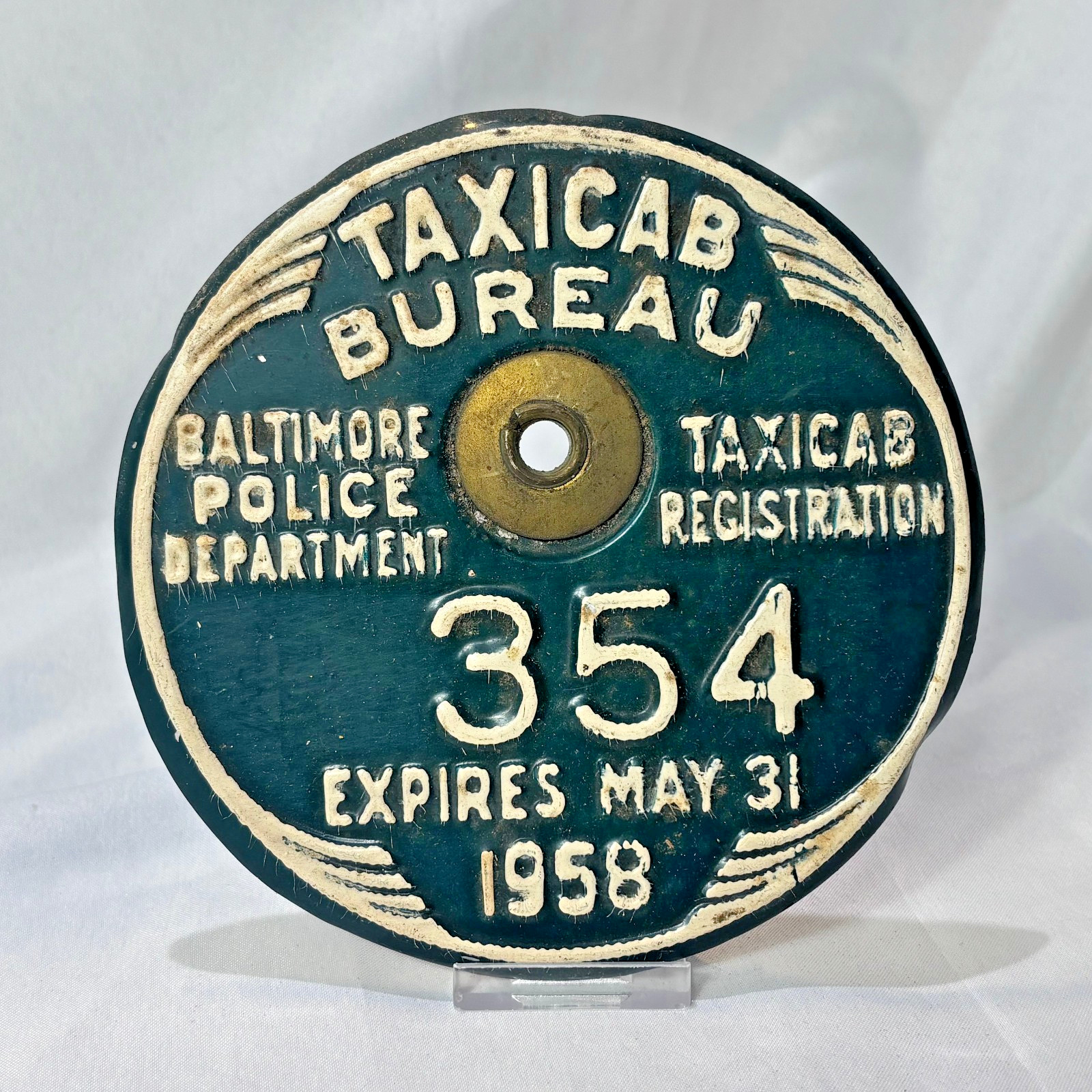 1958 Baltimore Police Department Taxicab Bureau #354 Metal Registration Plate
