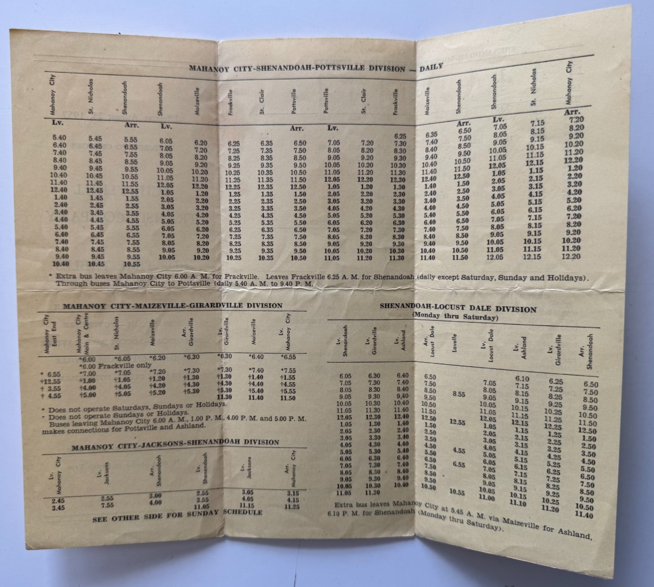 1957 Bus Timetable Schuylkill Transit Co Mahanoy City Pottsville Pennsylvania PA