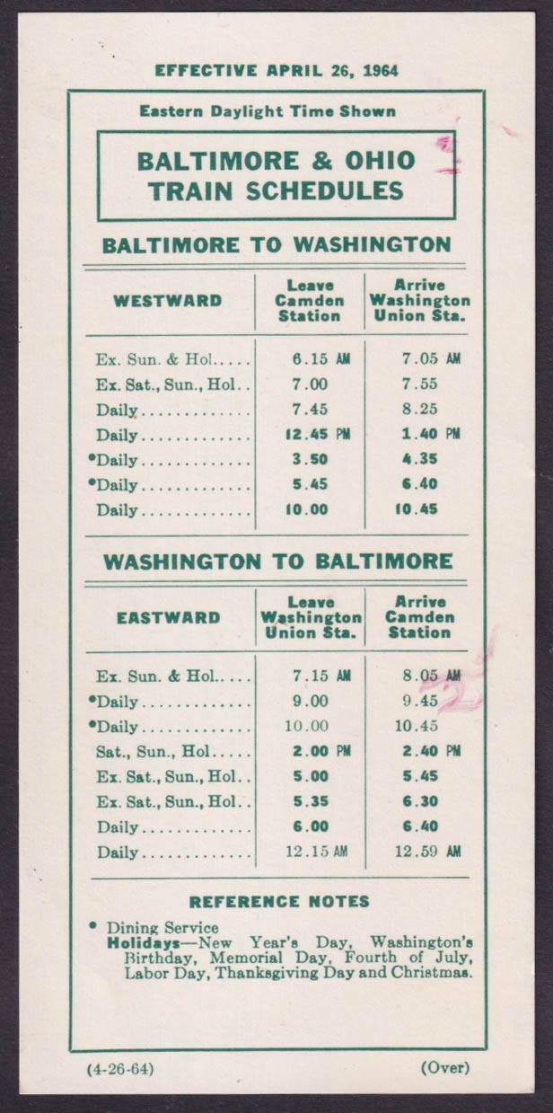 Baltimore & Annapolis Bus Service timetable card 4/26 1964