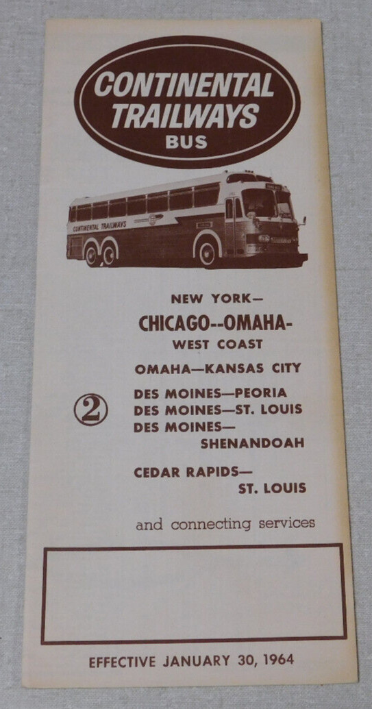 1964 Continental Trailways bus time table Chicago Omaha Kansas City Des Moines