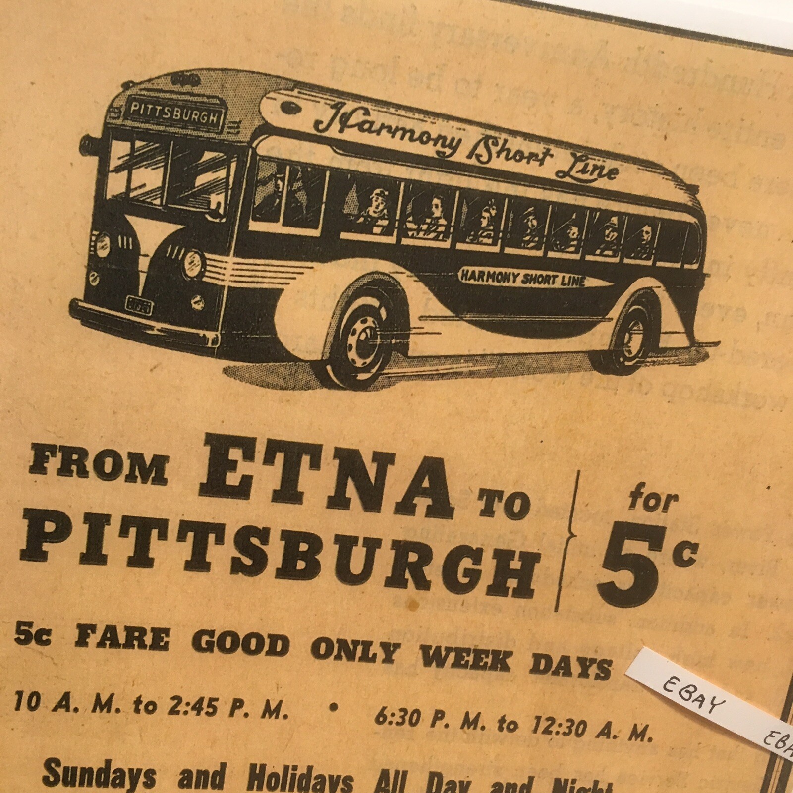 1941 Harmony Short Line Bus Service Etna To Pittsburgh, Millvale 5 Cents Fare Ad
