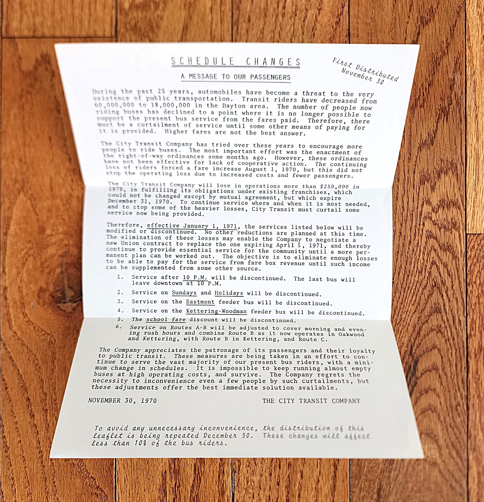 1970 CTC THE CITY TRANSIT CO TROLLEY BUS LETTER SCHEDULE CHANGES DAYTON OHIO