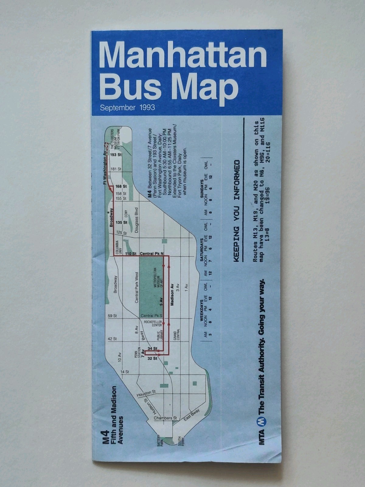 1993 September Manhattan Bus Map New York City NYC Transit Authority MTA Routes
