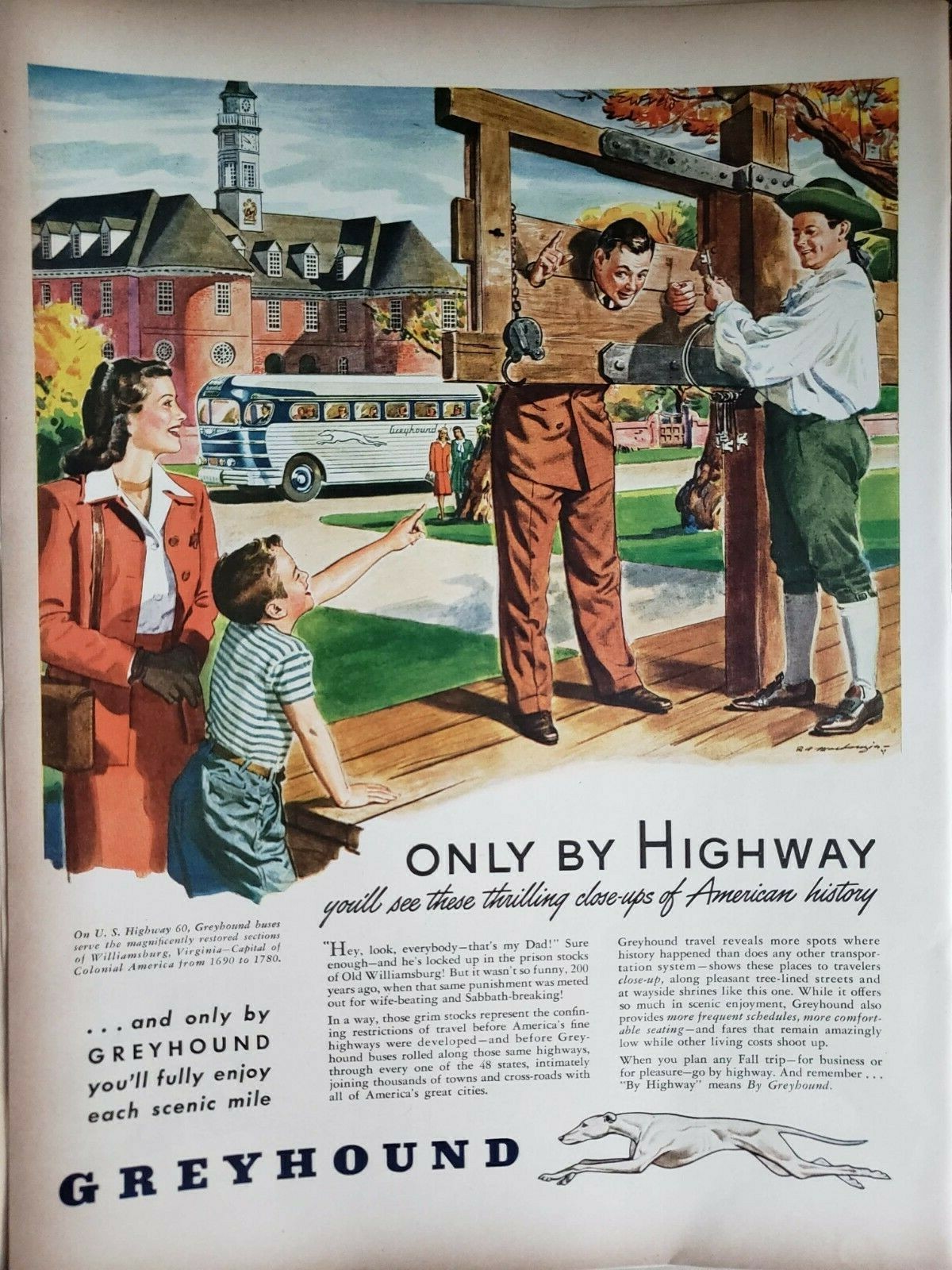 Greyhound Bus Vintage 1946 Print Ad Ephemera Wall Art Decor Williamsburg, VA