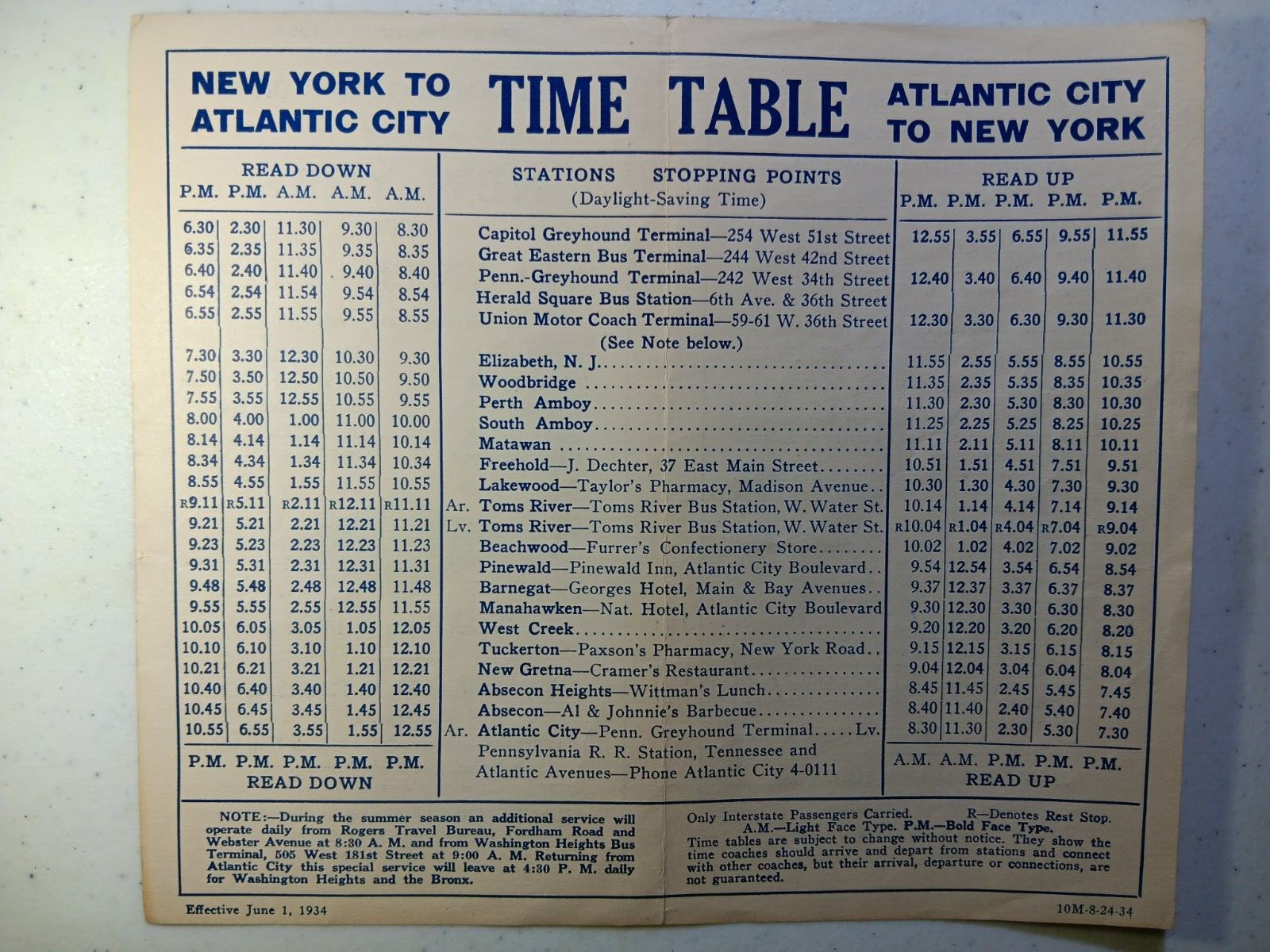 Vintage 1934 Gray Line Motor Tours Timetable, New York City to Atlantic City