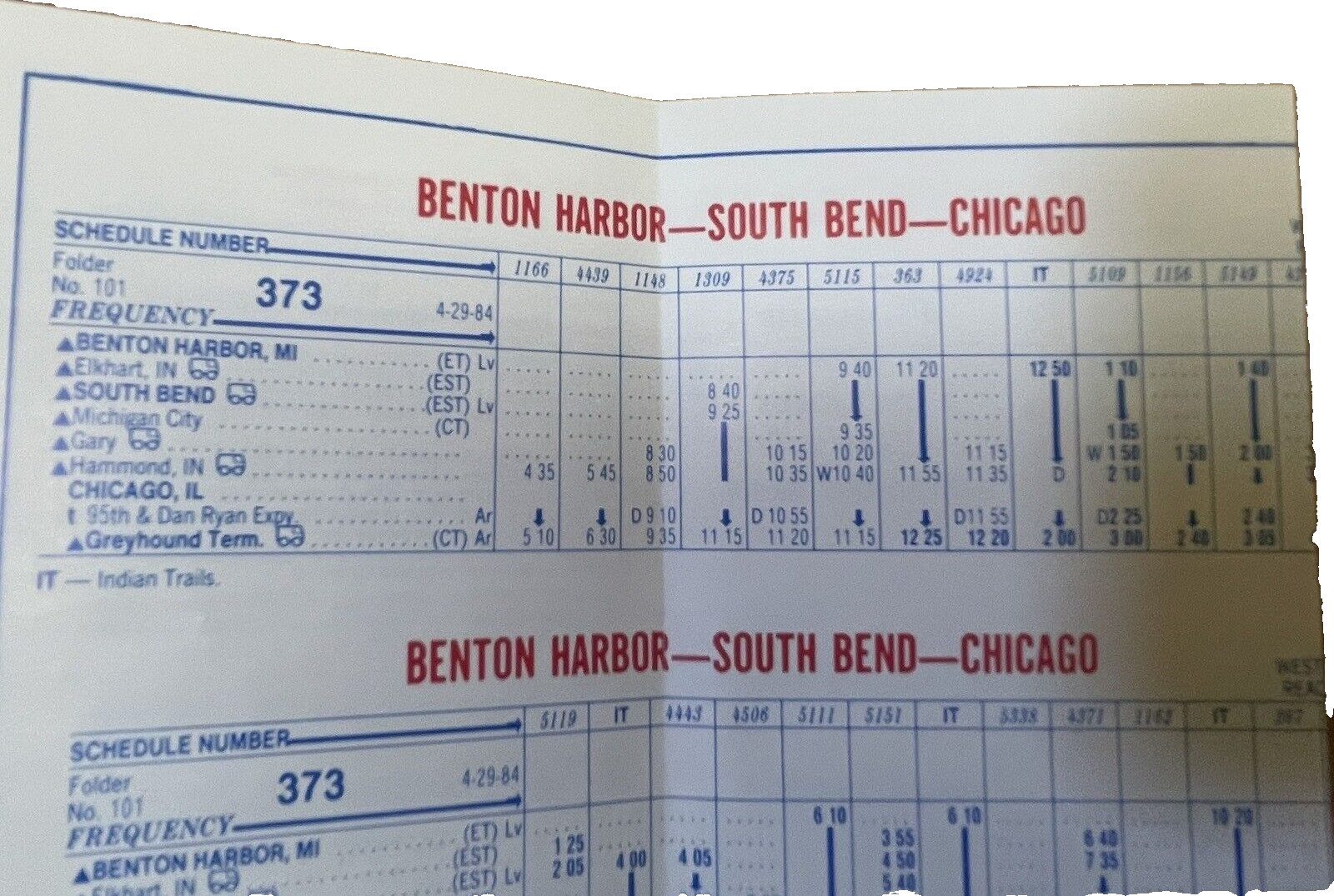 Greyhound Bus Time Table Folder 101 Vintage Chicago Benton Harbor IL 1984