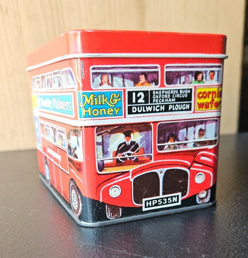 LONDON BUS TRANSPORT FACSIMILE STORAGE TIN. HBS MADE IN ENGLAND. HUNTLEY PALMERS