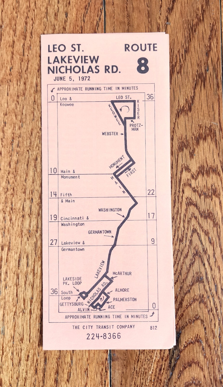 1972 CTC THE CITY TRANSIT CO TROLLEY BUS TIME TABLE MAP ROUTE 8 DAYTON OHIO