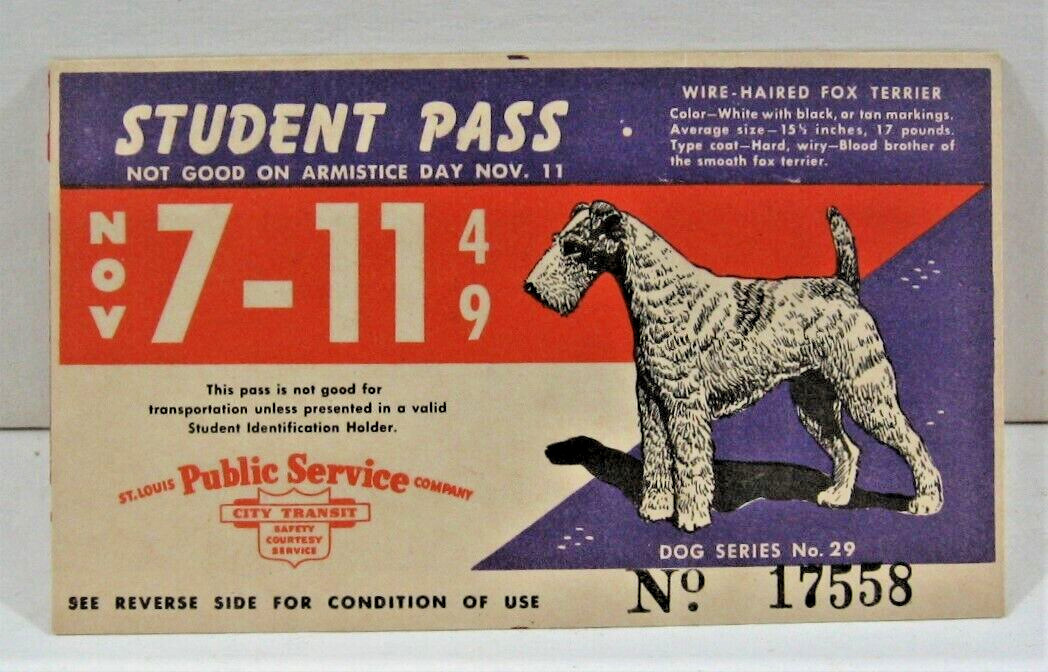 1949 St Louis Public Sedvice Co Student Bus Pass Fox Terrier Dog Image St Louis