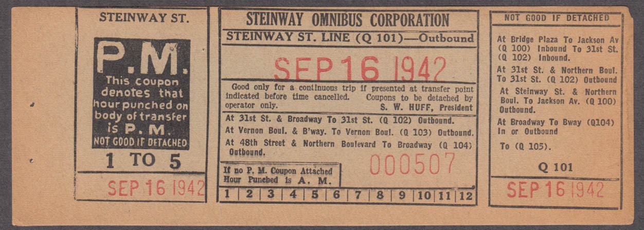 NY Surface Transportation bus transfer Steinway St Line Q 101 9/16 1942
