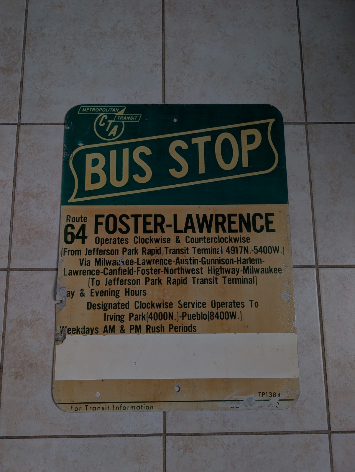 1950s/1960s Green CTA Chicago Transit Authority Bus Stop Sign Vintage 64 Foster