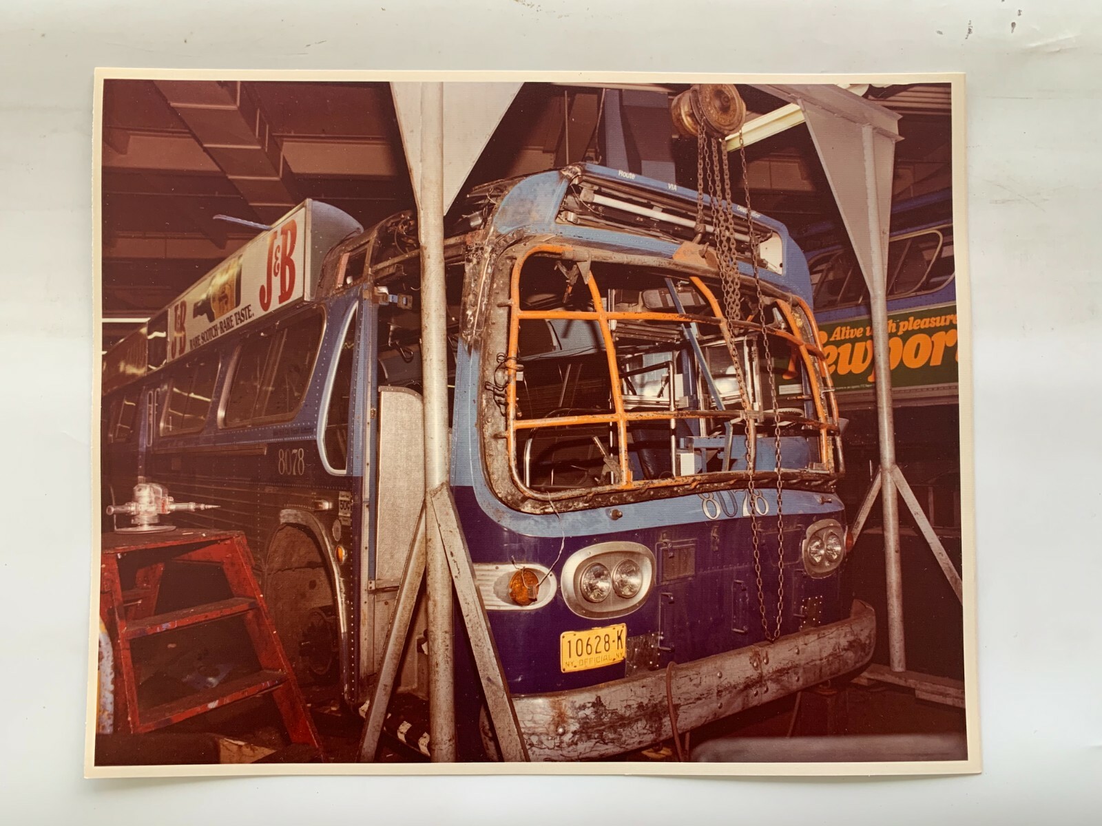 8X10 NY NYC BUS 8078 TRANSIT PHOTOGRAPH J&B SCOTCH AD MAJOR REPAIR GARAGE DEPOT