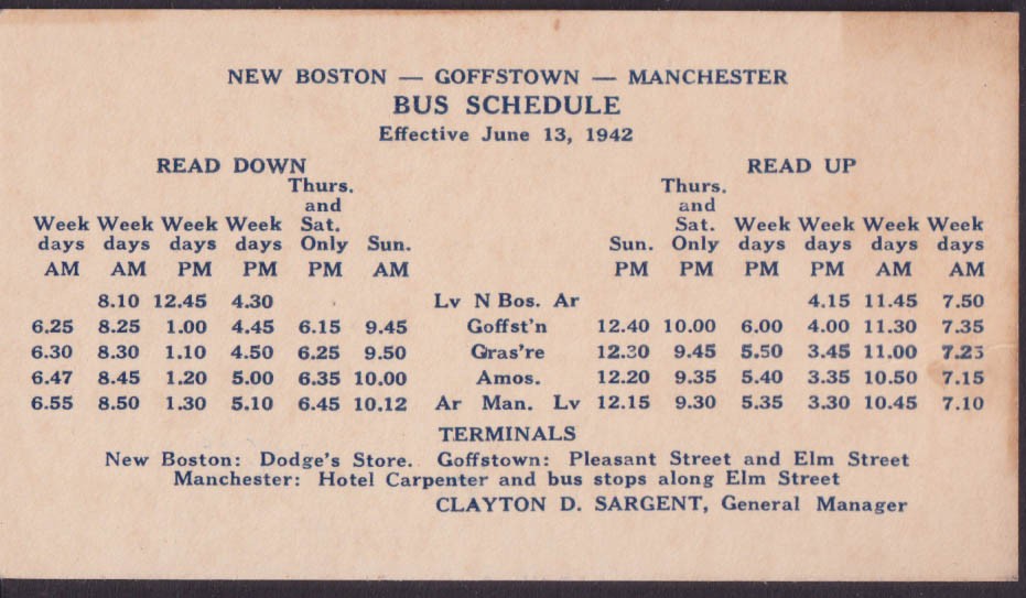 New Boston-Goffstown-Manchester Bus Schedule Card 6/13 1942