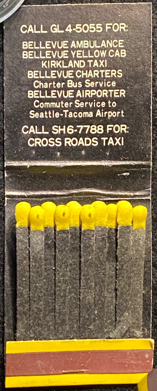 1950-1960s circa. **YELLOW CAB** BELLEVUE, WASHINGTON MATCHBOOK+MATCHES! RARE!