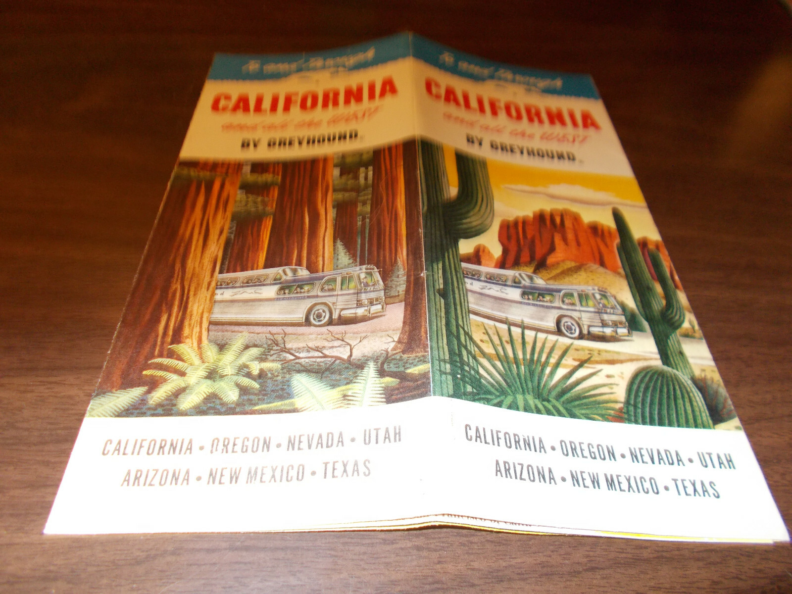 1956 Greyhound California Travel Brochure / Great Cover Art with Scenicruiser