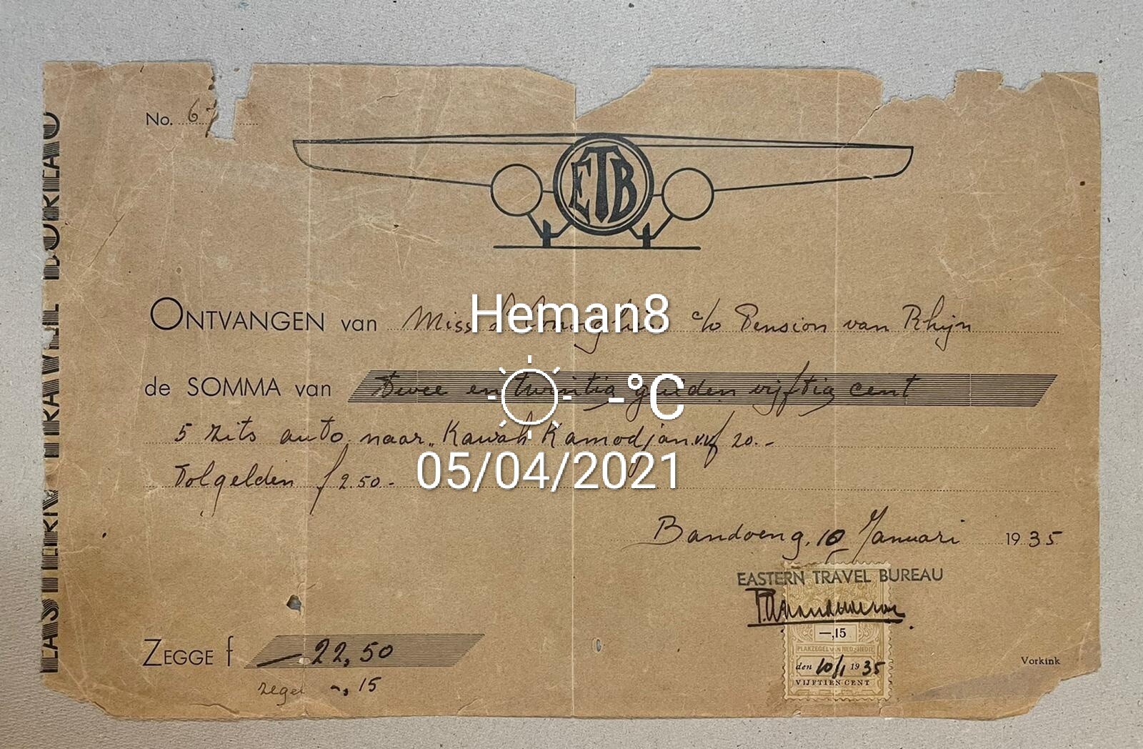 1935 ETB Eastern Travel Bureau Netherlands East Indies receipt taxi service?