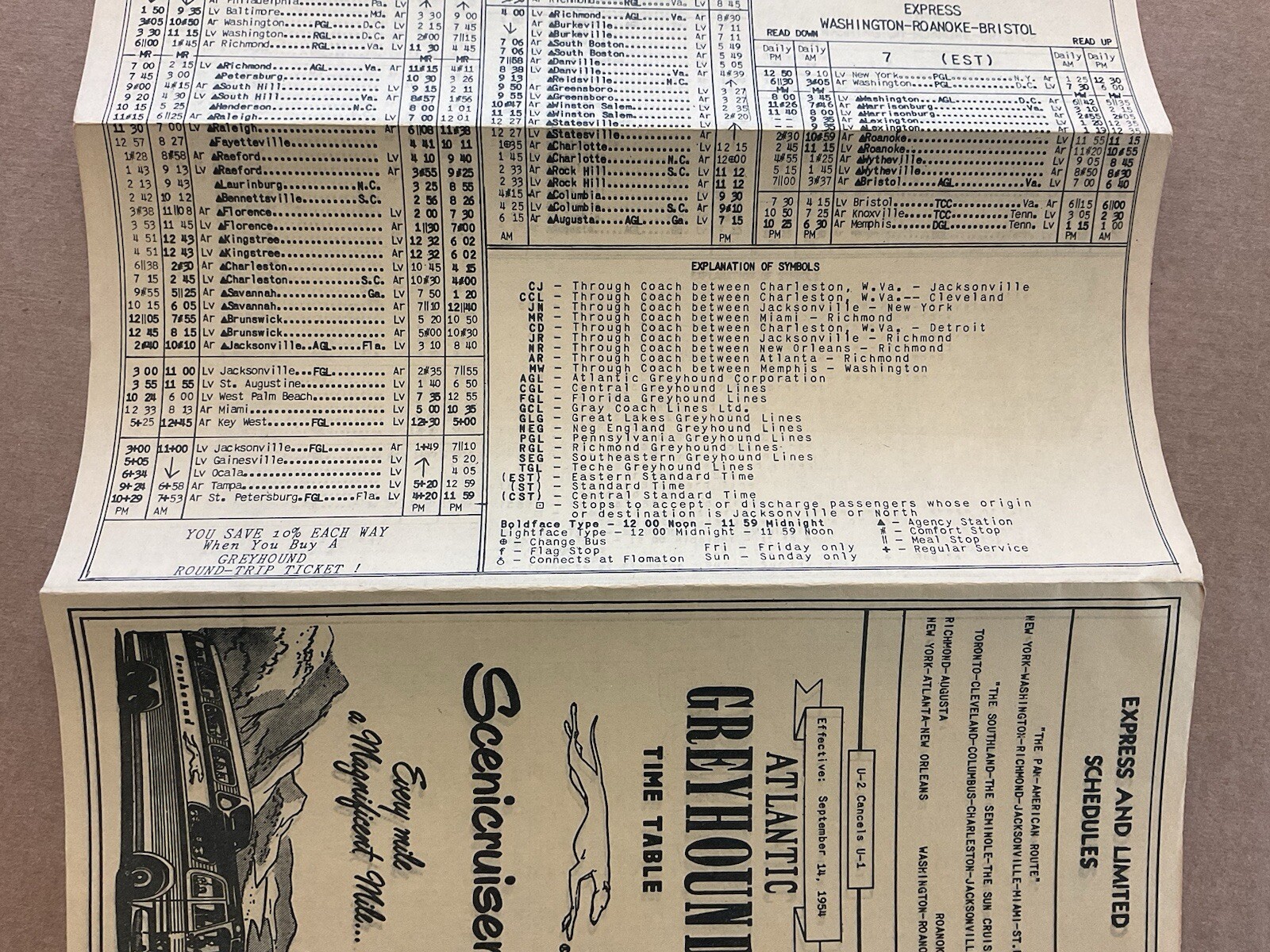 September 14, 1954 Greyhound Bus Scenicruisers Lines timetable Foldout Guide B9